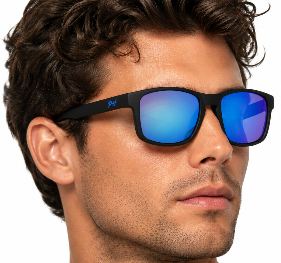 A close-up of a man wearing black sunglasses with vibrant blue mirrored lenses, shown against a solid white background.