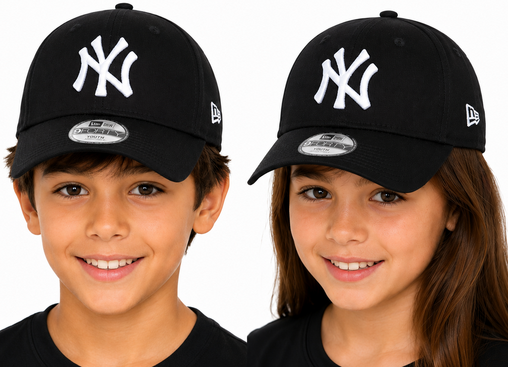 Kids wearing a new era black and white NY baseball cap