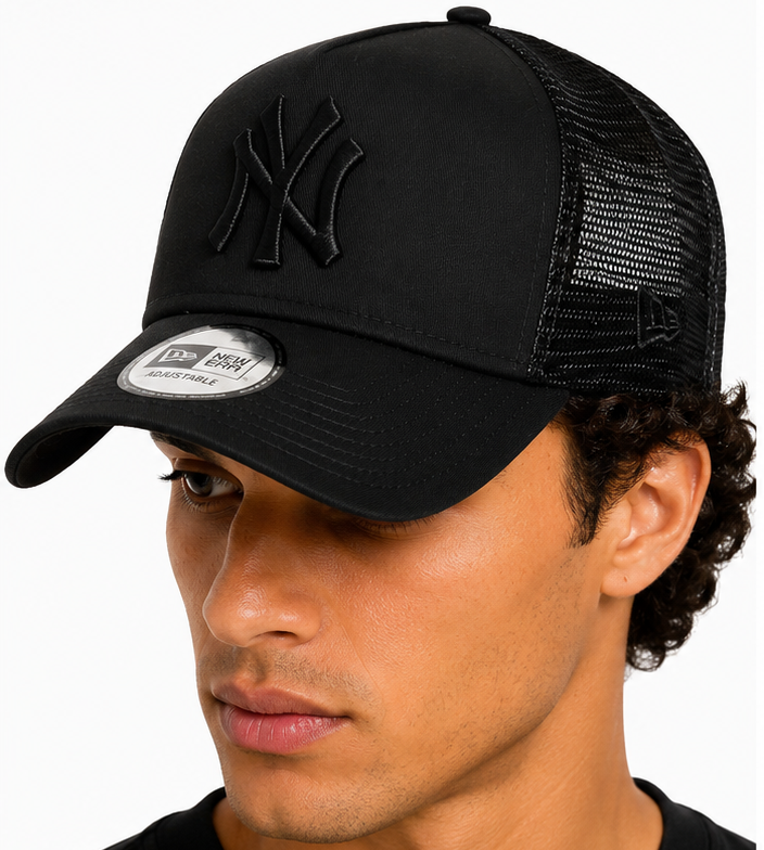 New York Yankees New Era All Black Clean A-Frame Trucker Cap - pumpheadgear, baseball caps