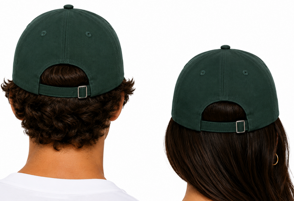 Two people shown from the back wearing dark green baseball caps with adjustable straps and silver buckles, photographed against a clean white background.