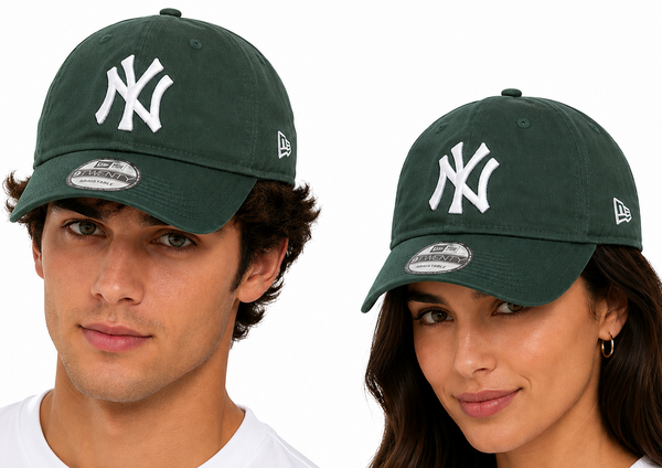Two models wearing a dark green New York Yankees baseball cap with a white embroidered NY logo and a white New Era 9FIFTY sticker on the visor, set against a plain white background.