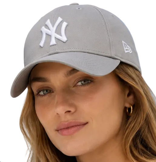 A gray New York Yankees baseball cap shown from multiple angles, including front views on a man and a woman, and back views showing the adjustable strap. The New Era logo is visible on the side of the cap.