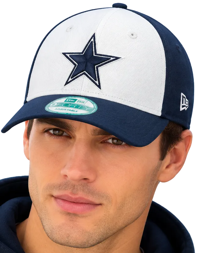 Two models wearing matching Dallas Cowboys trucker caps with navy blue and white panels, featuring the team's star logo and a visible New Era 9FIFTY sticker on the brim, set against a light blue sky background.