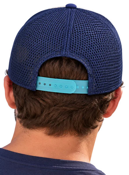 Two people seen from behind wearing matching navy blue mesh trucker caps with bright turquoise adjustable back straps, set against a clear blue sky.