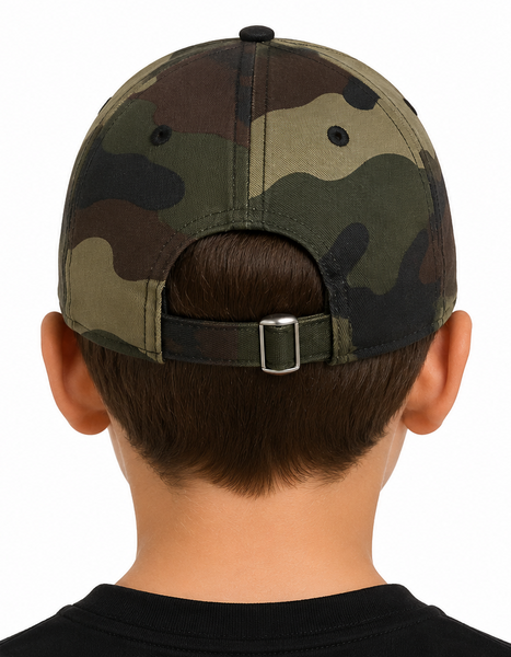 Camouflage baseball cap with New York Yankees logo worn by a child, showing front and back views.