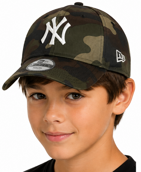Camouflage baseball cap with New York Yankees logo worn by a child, showing front and back views.