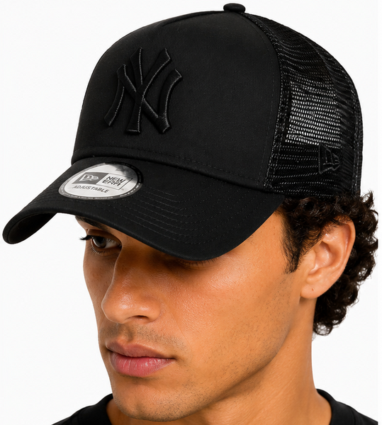 New York Yankees New Era All Black Clean A-Frame Trucker Cap - pumpheadgear, baseball caps