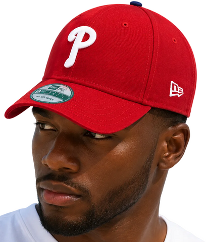 A close-up of a man wearing a red Philadelphia Phillies baseball cap with a white 'P' logo on the front and a white New Era logo on the side, set against a light blue sky background.