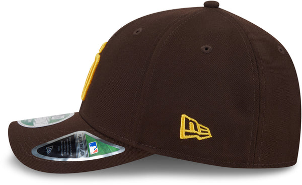 Side profile of San Diego Padres New Era 9FORTY baseball cap displaying New Era logo, premium official MLB fan headwear