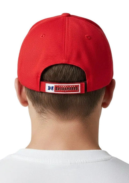 tampa bay bucanneers Red cap worn by a person on a light gray background