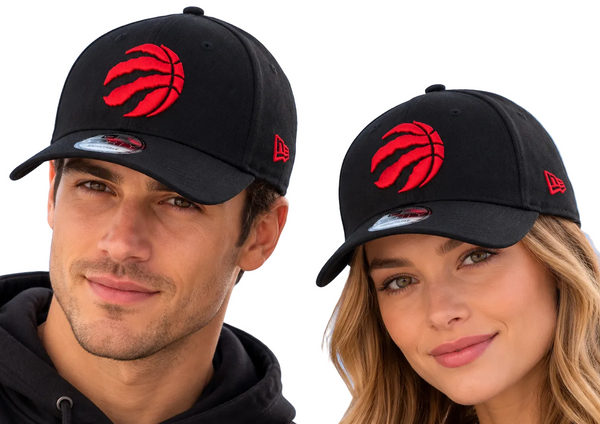 Two models wearing black Toronto Raptors baseball caps with a red embroidered logo and a red New Era flag on the side, set against a clear blue sky.
